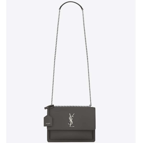 Saint Laurent YSL Medium Sunset Bag in Calfskin Leather-Grey