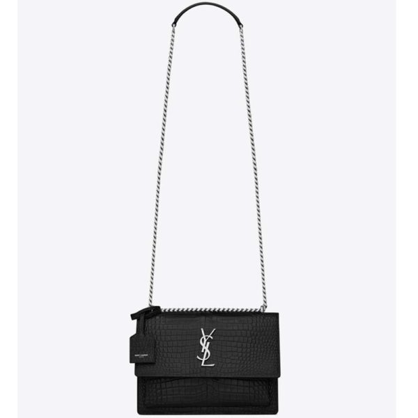 Saint Laurent YSL Women Sunset Medium Crocodile Embossed Shiny-Black