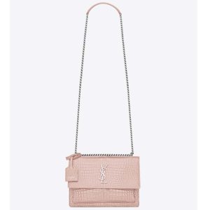 Saint Laurent YSL Women Sunset Medium Crocodile Embossed Shiny-Pink