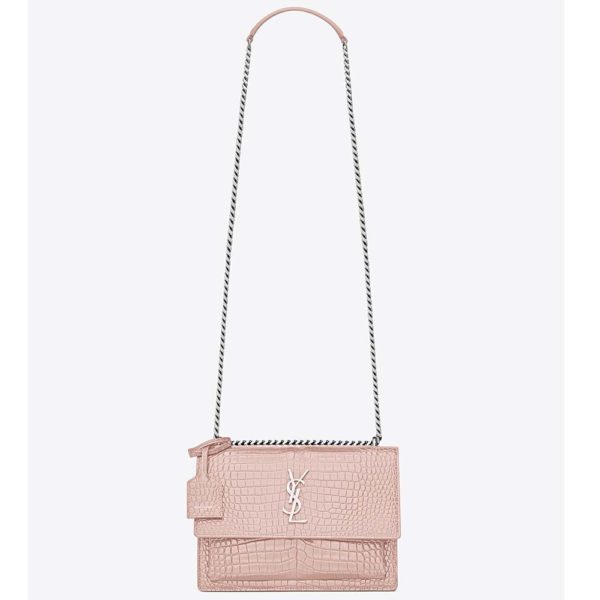 Saint Laurent YSL Women Sunset Medium Crocodile Embossed Shiny-Pink