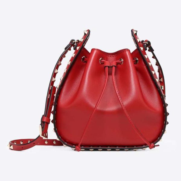 Valentino Women Small Rockstud Bucket Bag in Calfskin Leather-Red