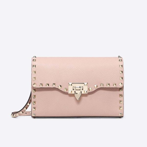 Valentino Women Small Rockstud Grainy Calfskin Crossbody Bag-Pink