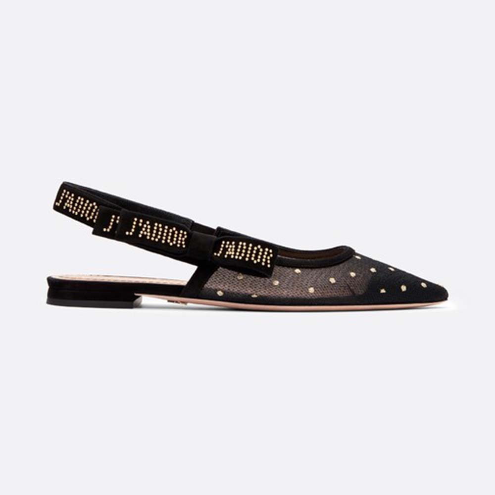 Dior Women J'adior Ballet Pump in Gold-Tone Dotted Swiss in 1cm Heel-Black