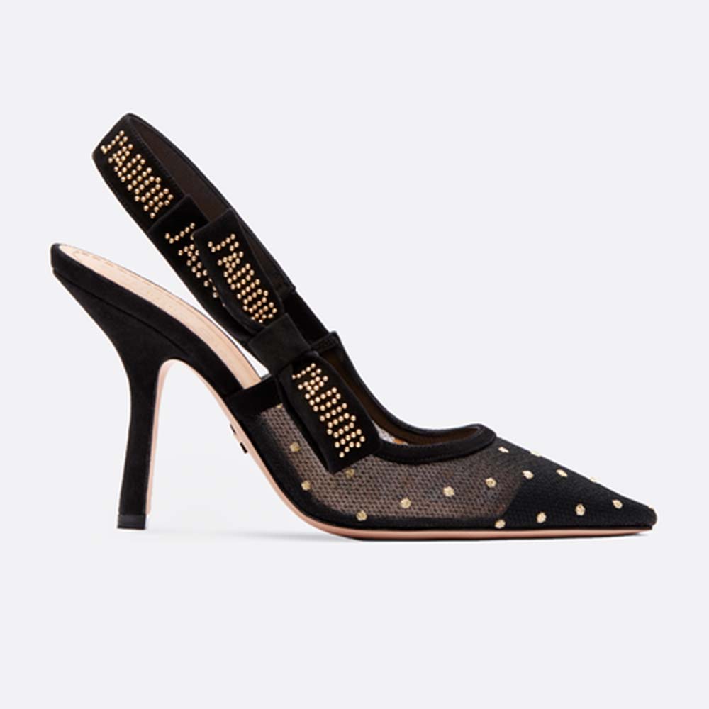 Dior Women J'adior Slingback in Gold-Tone Dotted Swiss in 10 cm Heel-Black