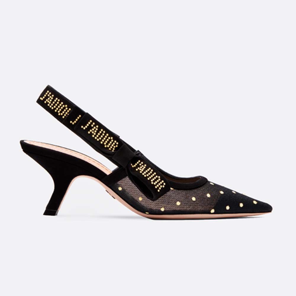 Dior Women J'adior Slingback in Gold-Tone Dotted Swiss in 6.5 cm Heel-Black