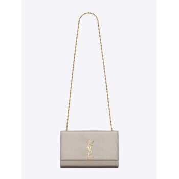 Saint Laurent YSL Women Kate Medium in Grained Metallic Leather-Silver