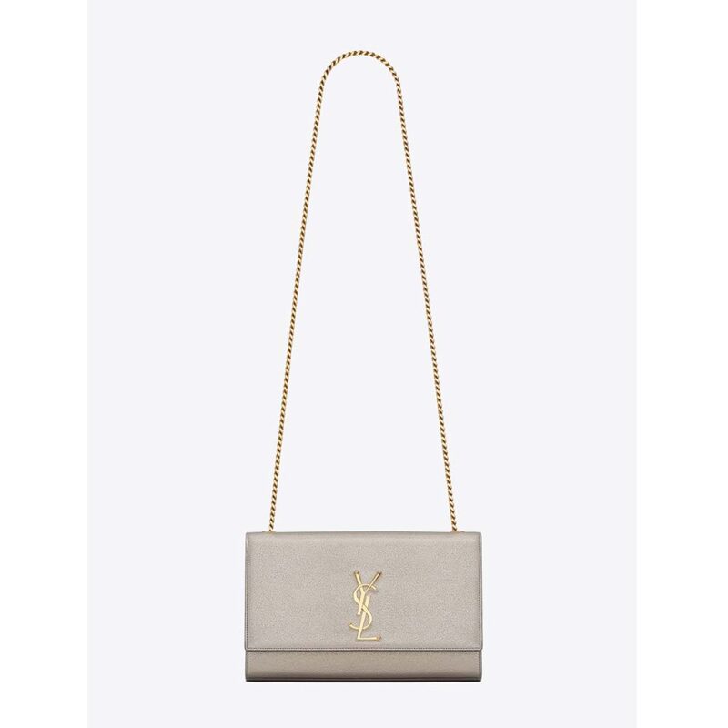 Saint Laurent YSL Women Kate Medium in Grained Metallic Leather-Silver