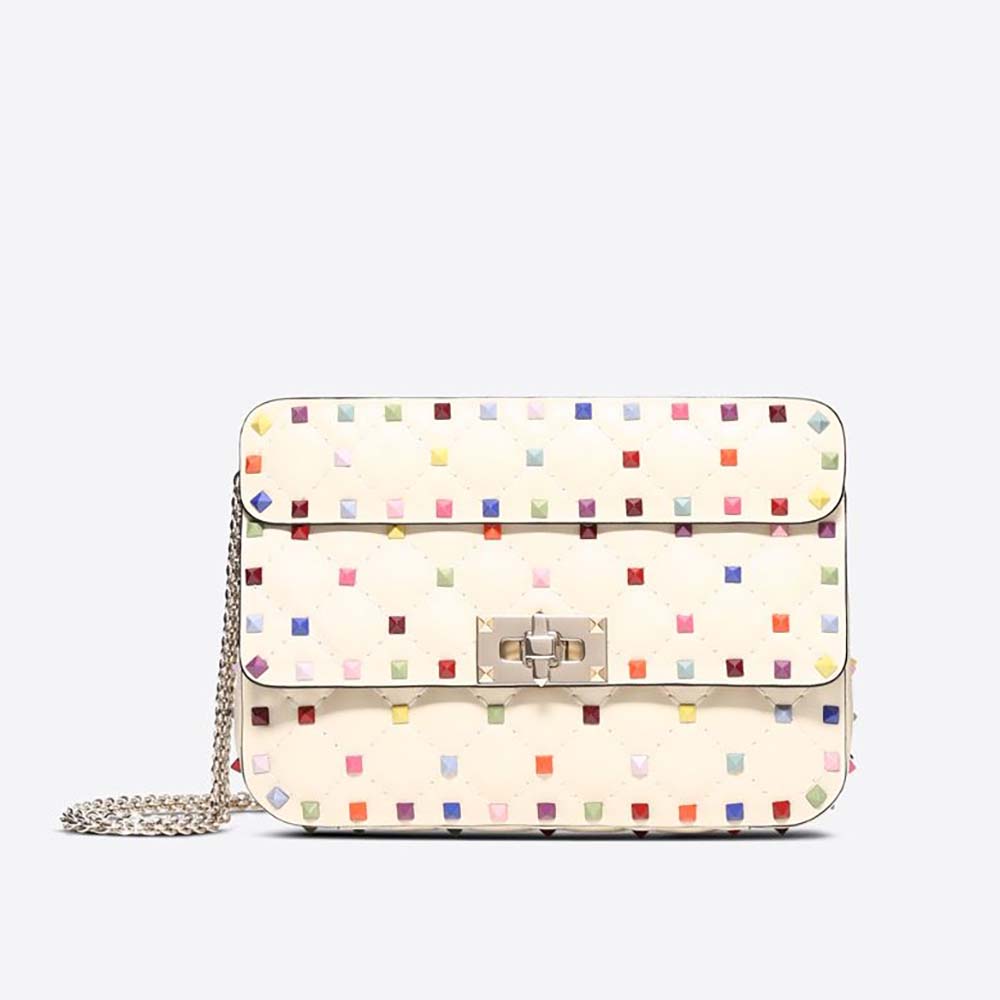 Valentino Women Rockstud Spike Small Chain Bag in Quilted Leather-White