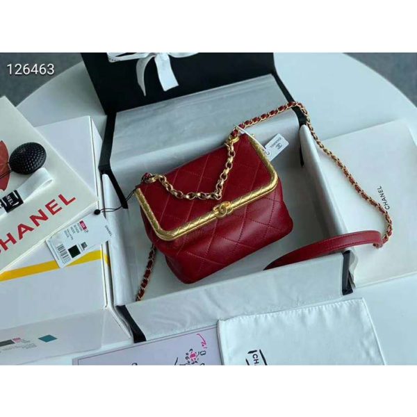 Chanel Women Kiss-Lock Bag Lambskin & Gold-Tone Metal-Red (3)