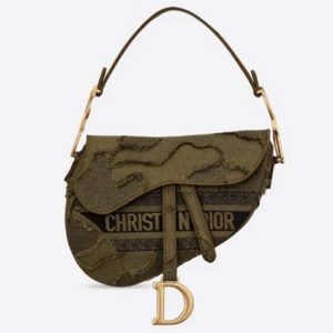 Dior Women Iconic Saddle Bag Camouflage Embroidered Canvas Christian Dior-Dark Green