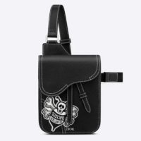 Dior Unisex Saddle Pouch Black Grained Calfskin Bee Patch Embroidery