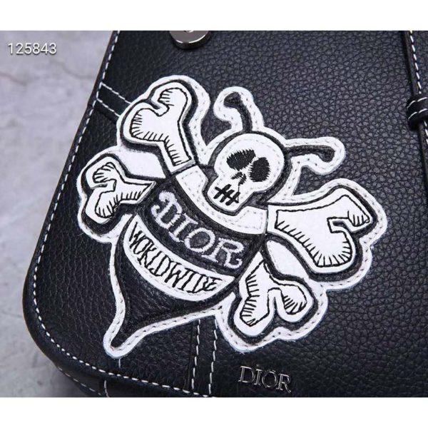 Dior Unisex Saddle Pouch Black Grained Calfskin Bee Patch Embroidery (16)