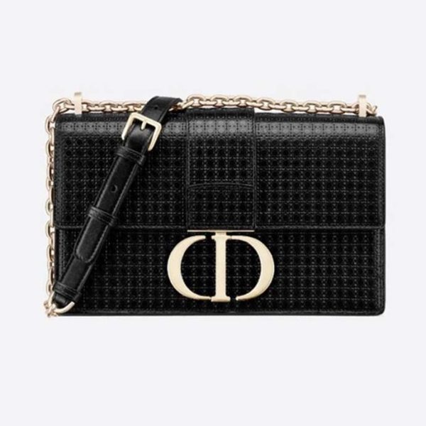 Dior Women 30 Montaigne Chain Bag Microcannage Calfskin Flap Closure-Black