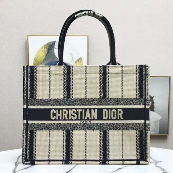 Dior Women Dior Book Tote Black and Beige Bayadère Embroidery (12)