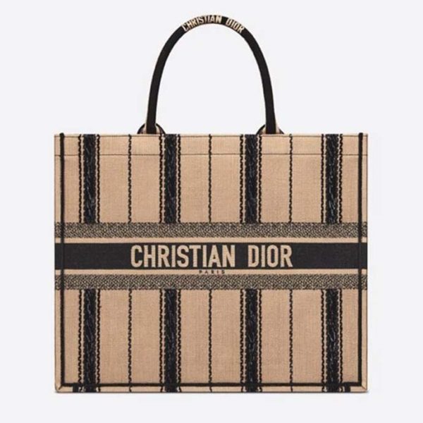 Dior Women Dior Book Tote Black and Beige Bayadère Embroidery