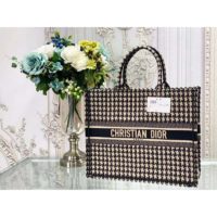 Dior Women Dior Book Tote Black and Beige Houndstooth Embroidery