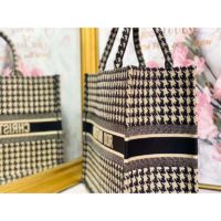 Dior Women Dior Book Tote Black and Beige Houndstooth Embroidery