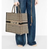 Dior Women Dior Book Tote Black and Beige Houndstooth Embroidery