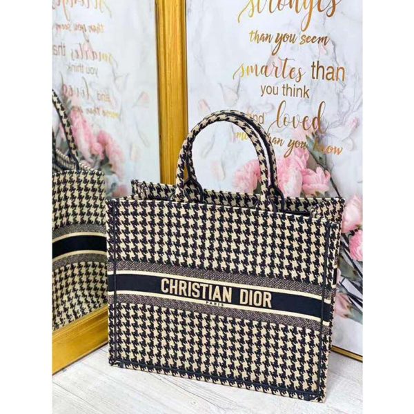 Dior Women Dior Book Tote Black and Beige Houndstooth Embroidery (7)