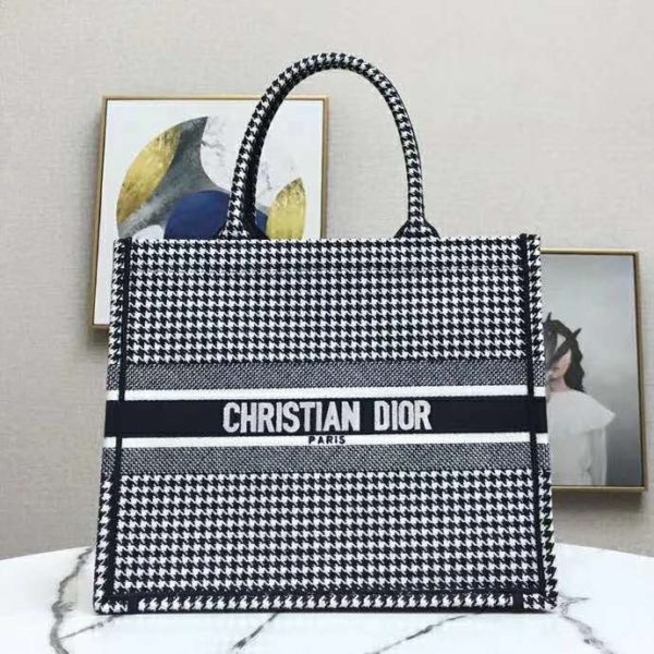 Dior Women Dior Book Tote Black and White Houndstooth Embroidery (4)