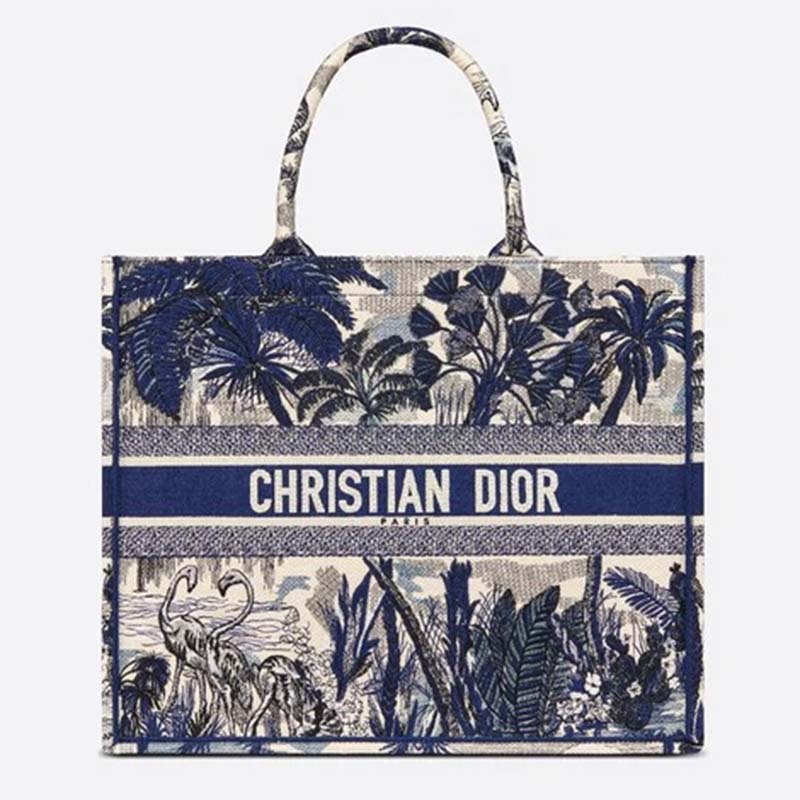 Dior Women Dior Book Tote Blue Palm Tree Toile De Jouy Embroidery - LULUX