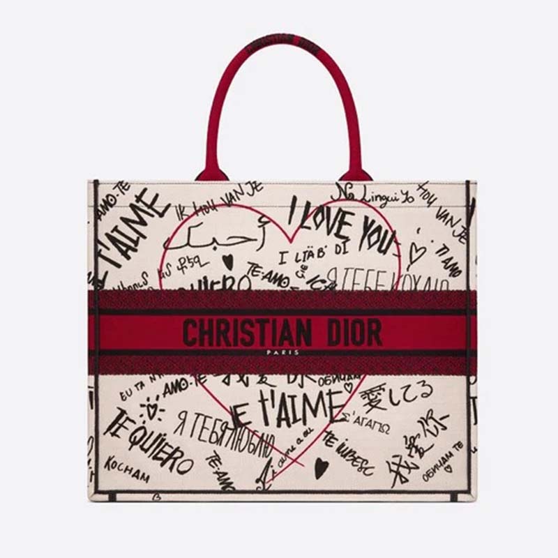 CHRISTIAN DIOR Canvas Embroidered Medium Dioramour Graffiti Book Tote Latte  Multicolor 948982