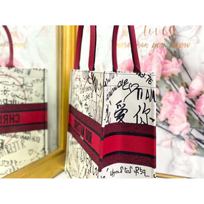 CHRISTIAN DIOR Canvas Embroidered Medium Dioramour Graffiti Book Tote Latte  Multicolor 948982