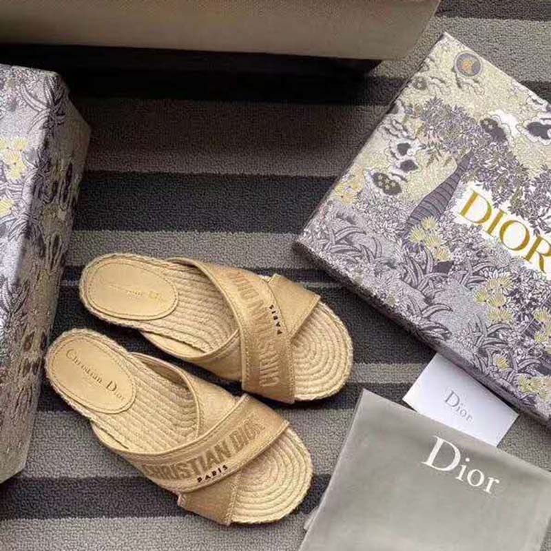 Dior Women Dior Granville Slide Cream Embroidered Cotton-Sandy - LULUX