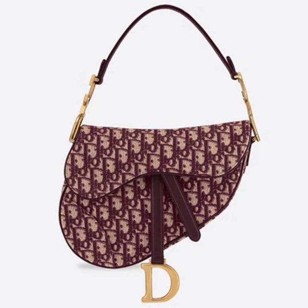 Dior Women Iconic Saddle Bag Burgundy Dior Oblique Embroidered Canvas