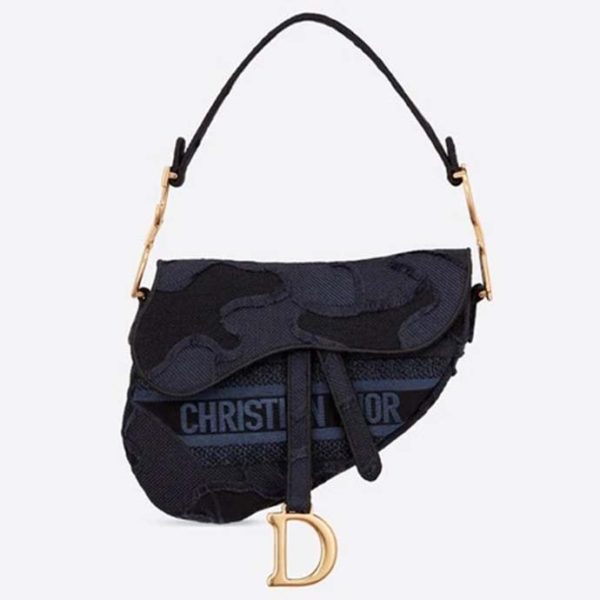 Dior Women Iconic Saddle Bag Camouflage Embroidered Canvas Christian Dior-Navy