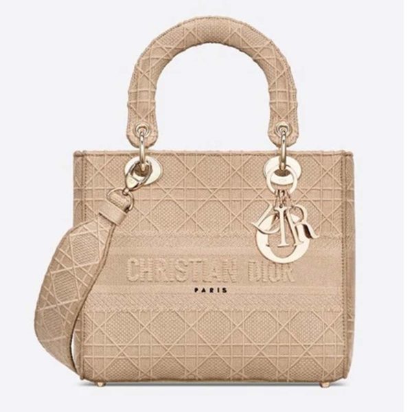 Dior Women Medium Lady D-Lite Bag Cannage Embroidery-Beige