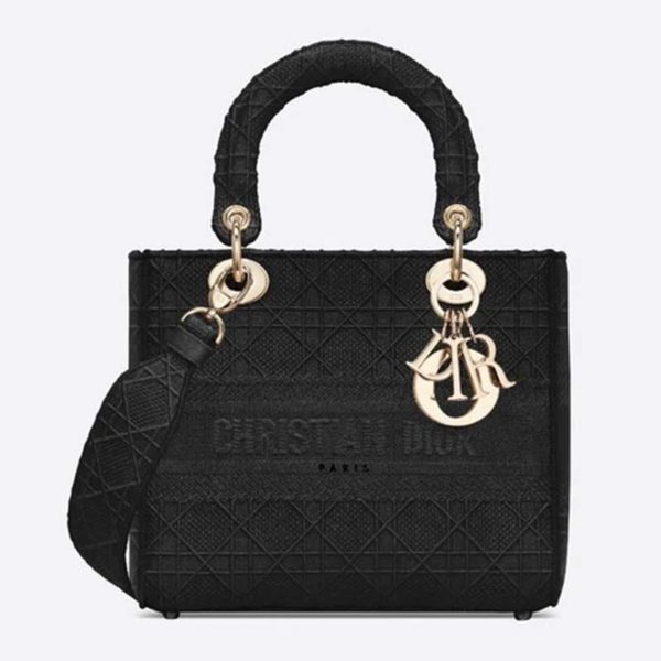 Dior Women Medium Lady D-Lite Bag Cannage Embroidery-Black