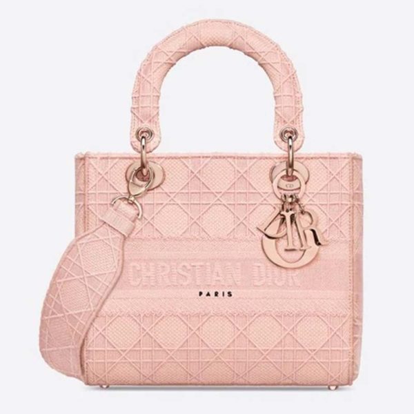 Dior Women Medium Lady D-Lite Bag Cannage Embroidery-Pink
