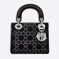 Dior Women Mini Lady Dior Bag Cannage Satin with Rhinestones-Grey