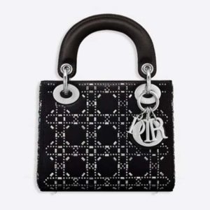 Dior Women Mini Lady Dior Bag Cannage Satin with Rhinestones-Black