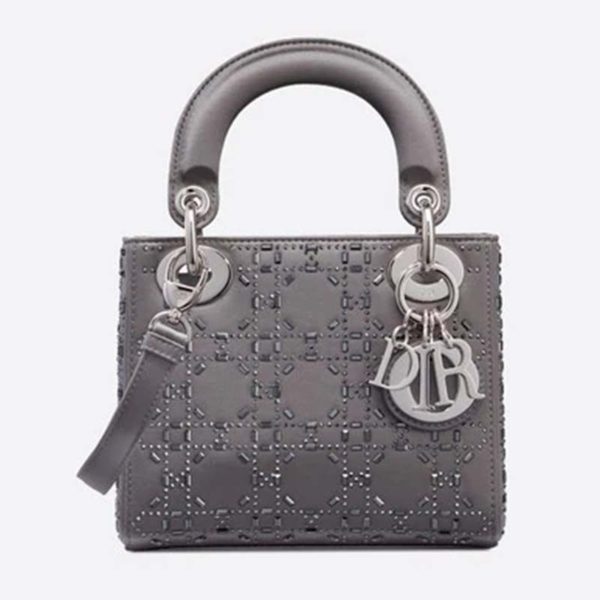 mini lady dior bag in black cannage satin with rhinestones