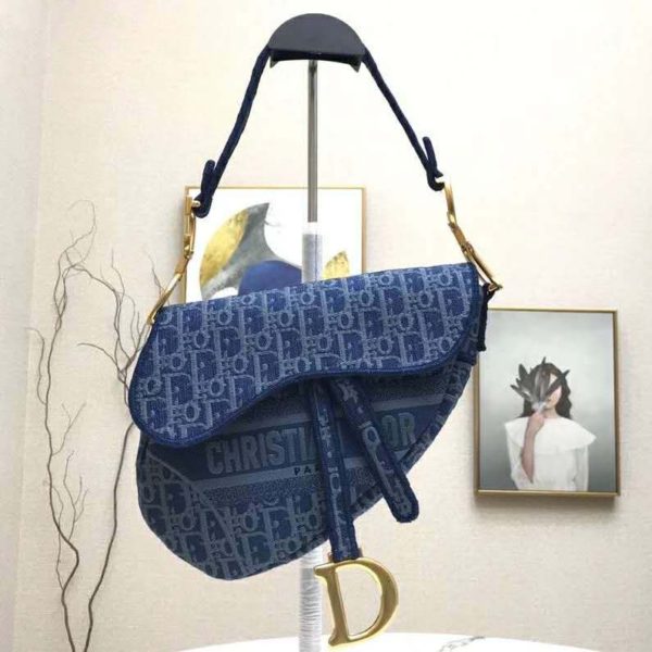 Dior Women Saddle Bag Denim Blue Dior Oblique-Embroidered Canvas (4)
