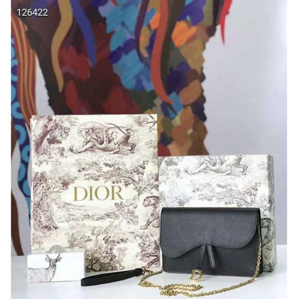 Dior Women Saddle Pouch Large Wallet On Chain Clutch Black Grained Calfskin (2)