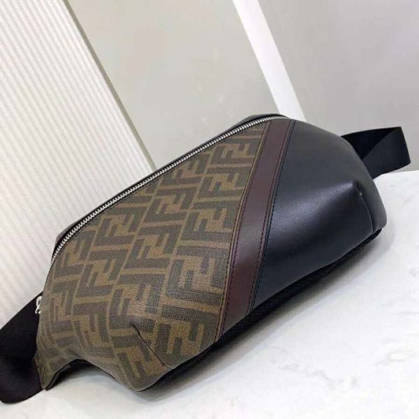 Fendi Men Belt Bag Brown Fabric FF Motif Black Leather (11)
