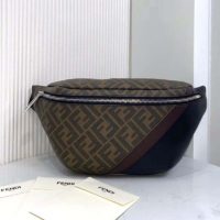 Fendi Men Belt Bag Brown Fabric FF Motif Black Leather