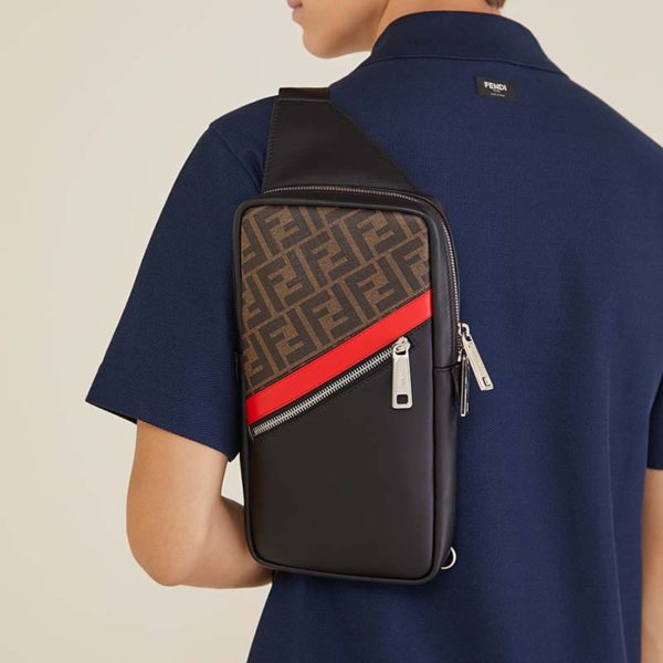 Fendi Men Belt Bag One-Shoulder Backpack Brown Fabric Leather FF (11)
