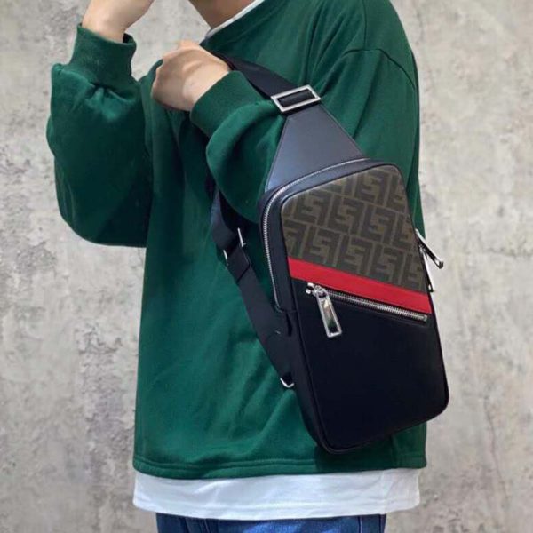 Fendi Men Belt Bag One-Shoulder Backpack Brown Fabric Leather FF (2)