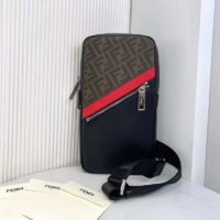 Fendi Men Belt Bag One-Shoulder Backpack Brown Fabric Leather FF