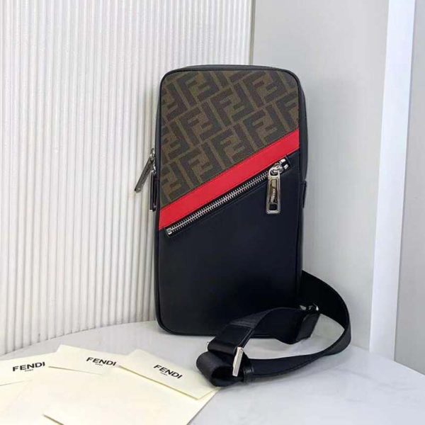 Fendi Men Belt Bag One-Shoulder Backpack Brown Fabric Leather FF (4)