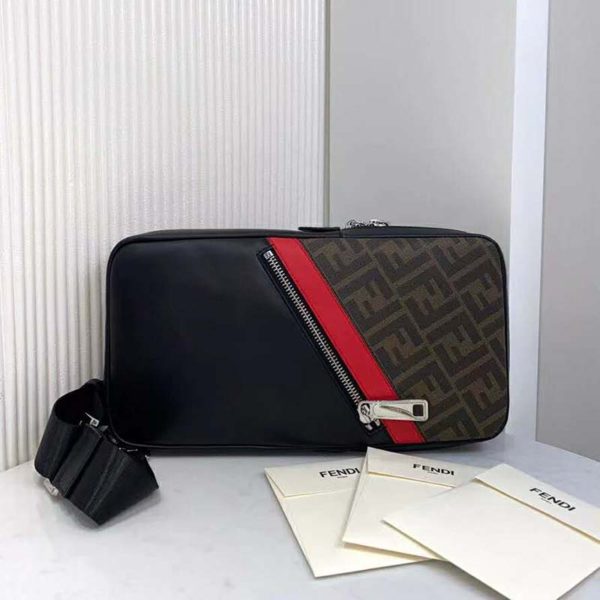 Fendi Men Belt Bag One-Shoulder Backpack Brown Fabric Leather FF (6)