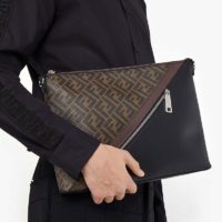Fendi Men Slim Messenger Textured Brown Fabric Bag FF Motif