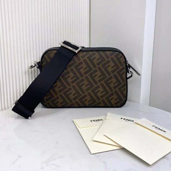 Fendi Unisex Camera Case Compact Shoulder Brown Fabric Bag FF Motif (9)