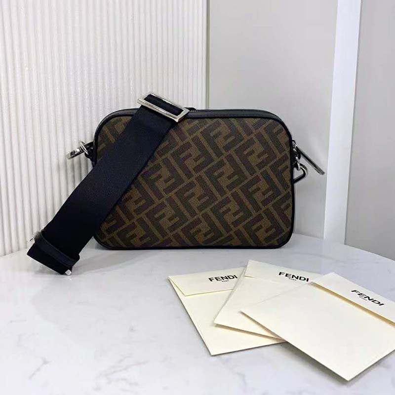 Fendi Unisex Camera Case Compact Shoulder Brown Fabric Bag FF Motif - LULUX