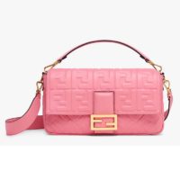 Fendi Women Baguette Large Leather Bag Lambskin All-Over FF-Pink