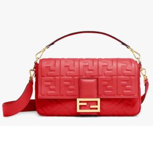 Fendi Women Baguette Large Leather Bag Lambskin All-Over FF-Red